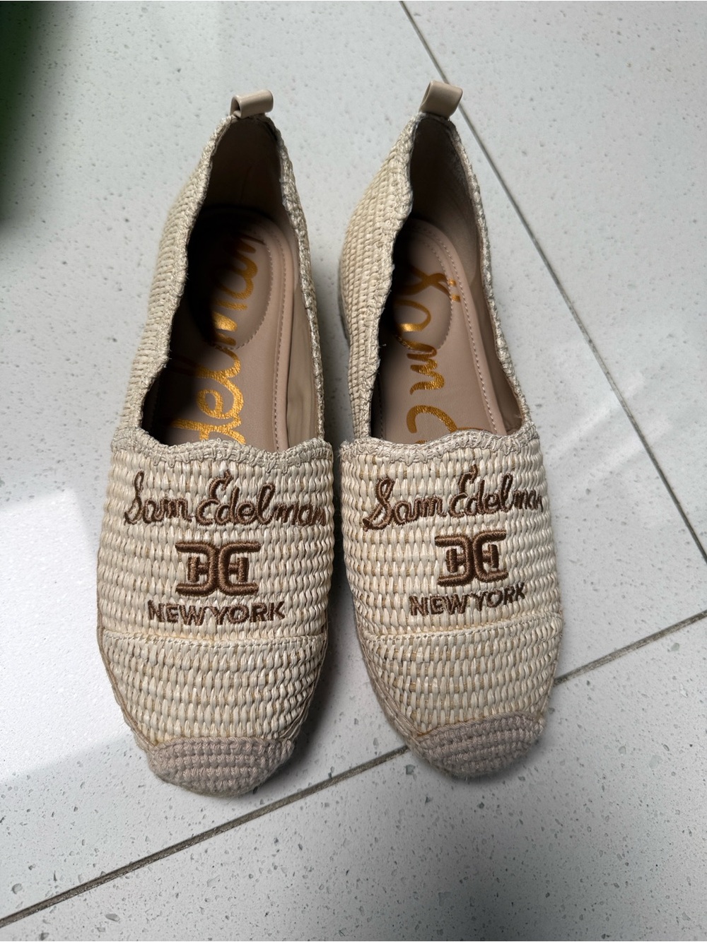 Sam Edelman Cream Woven Espadrille Flats with Brown Embroidery